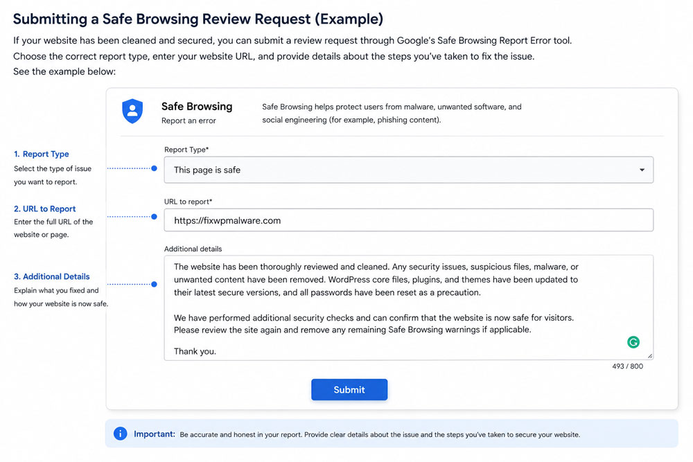 Google Search Console security issues review request example after malware removal and website cleanup