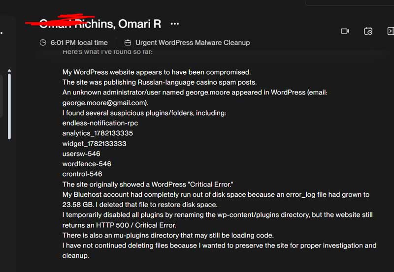 Client reporting a Fake CAPTCHA malware infection on a WordPress website