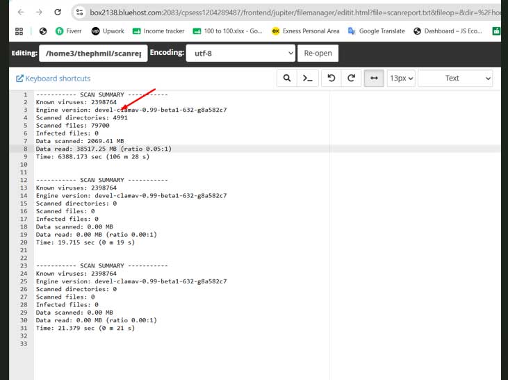 Bluehost ClamAV scan report confirming no infected files after Fake CAPTCHA malware removal.