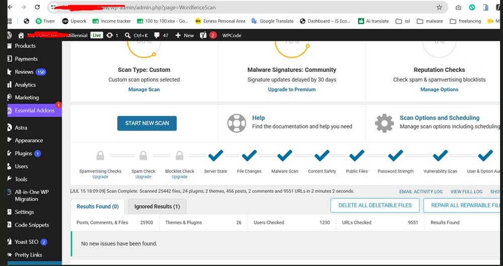 Wordfence scan showing no malware detected after Fake CAPTCHA removal from a WordPress website.