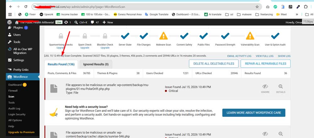 Wordfence scan detecting Fake CAPTCHA malware on a hacked WordPress website before cleanup.