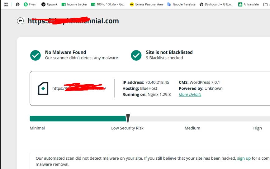 Sucuri SiteCheck confirming no malware found after Fake CAPTCHA removal from a WordPress website.