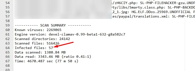 ClamAV server scan summary showing 57 infected files across the shared hosting account