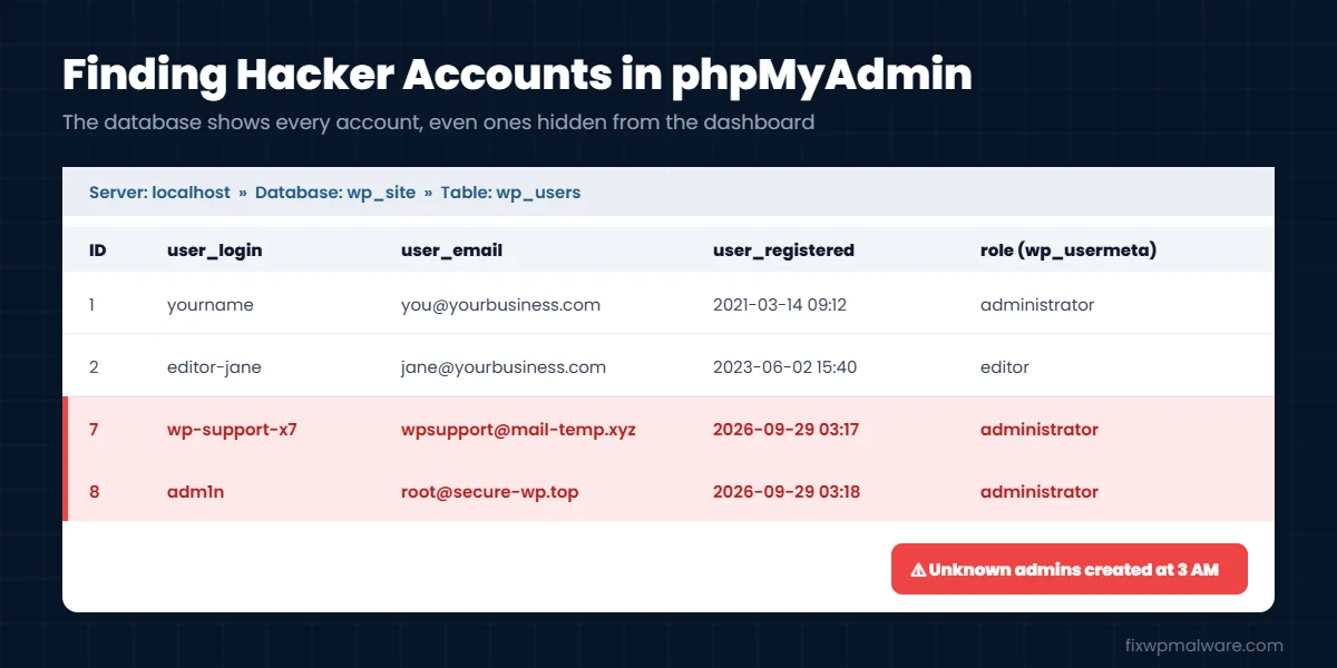 Unknown administrator accounts created by a hacker shown in phpMyAdmin