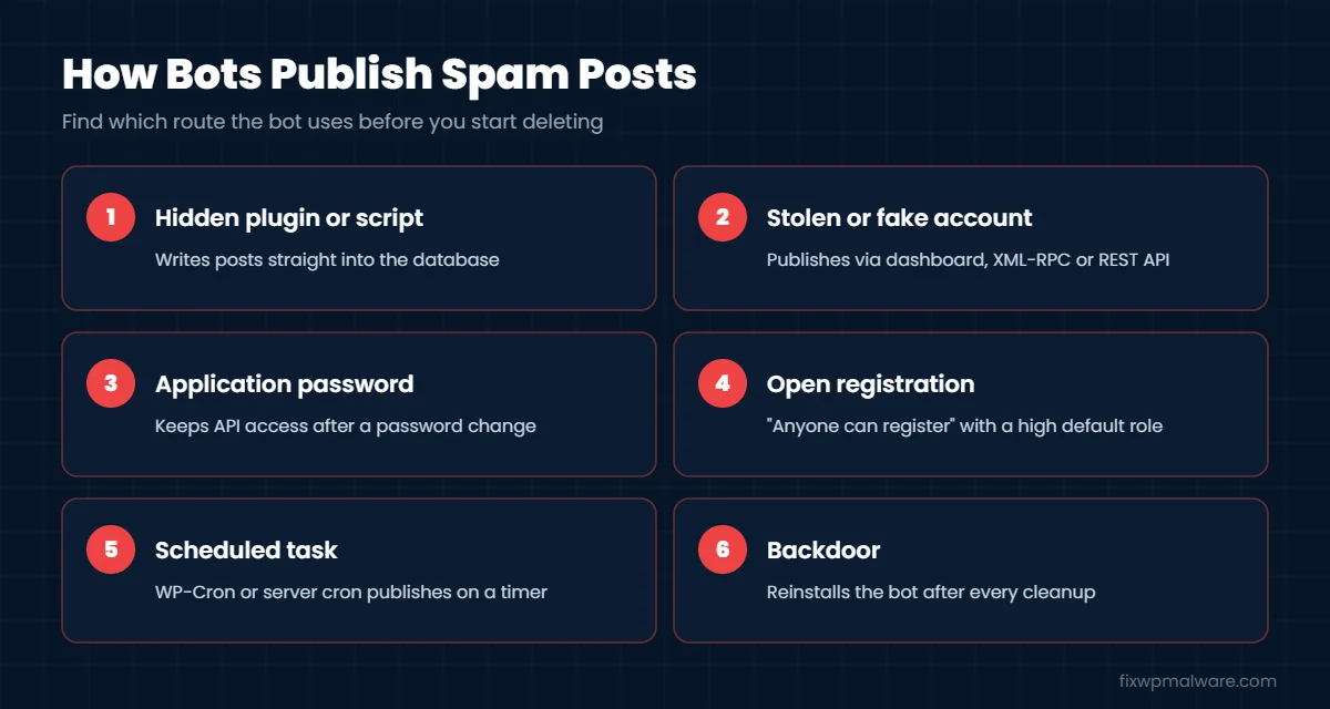 Six ways bots publish spam posts on a WordPress site
