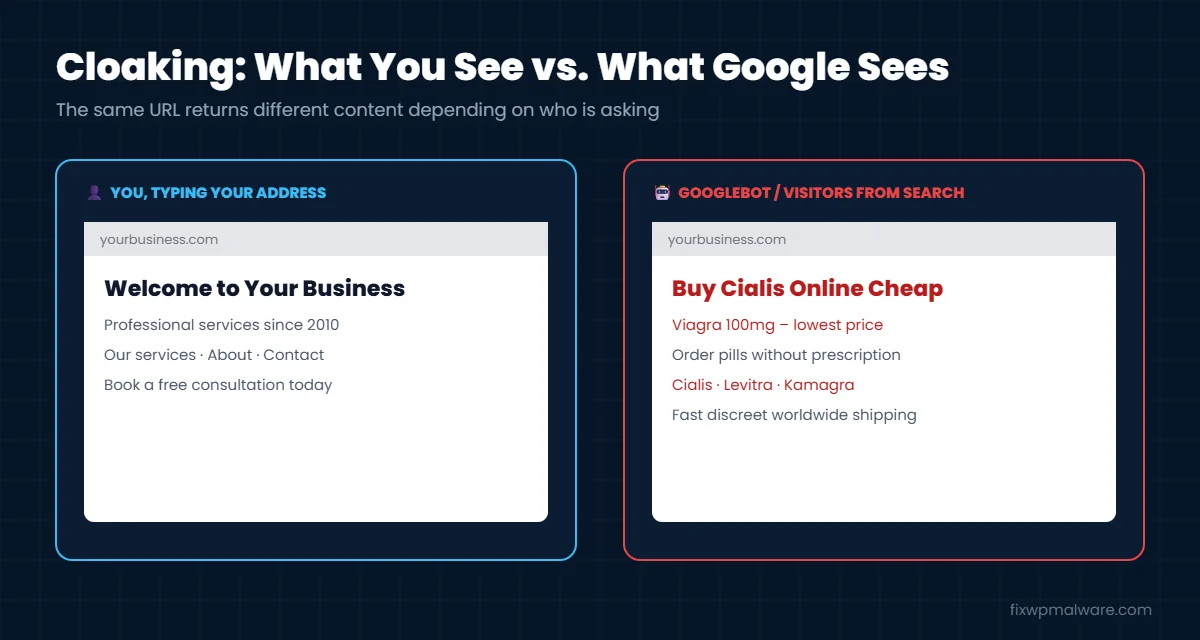 Pharma hack cloaking: normal page for visitors, pharmacy spam for Googlebot