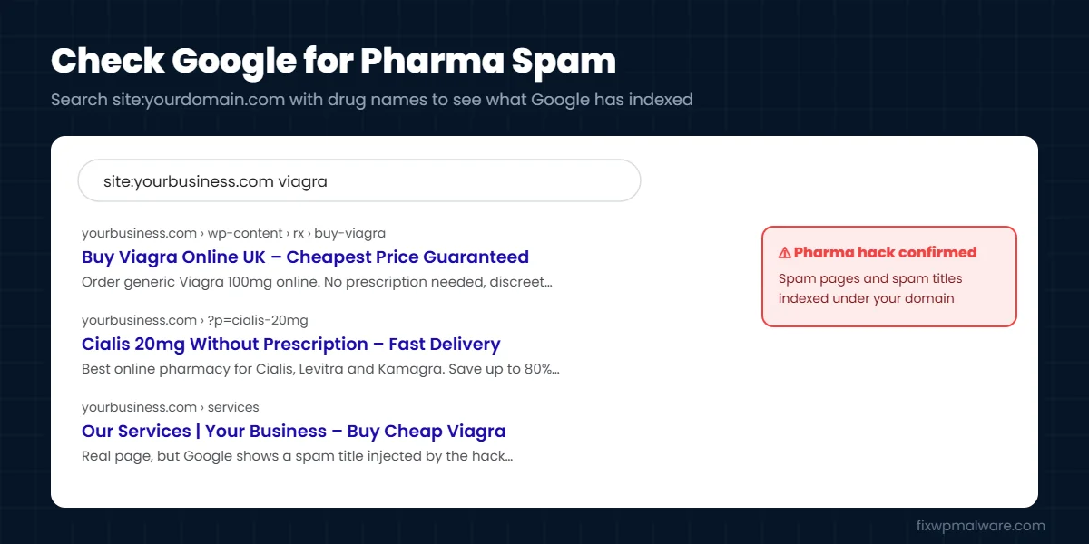 Google site search showing pharma hack spam pages under a hacked WordPress domain