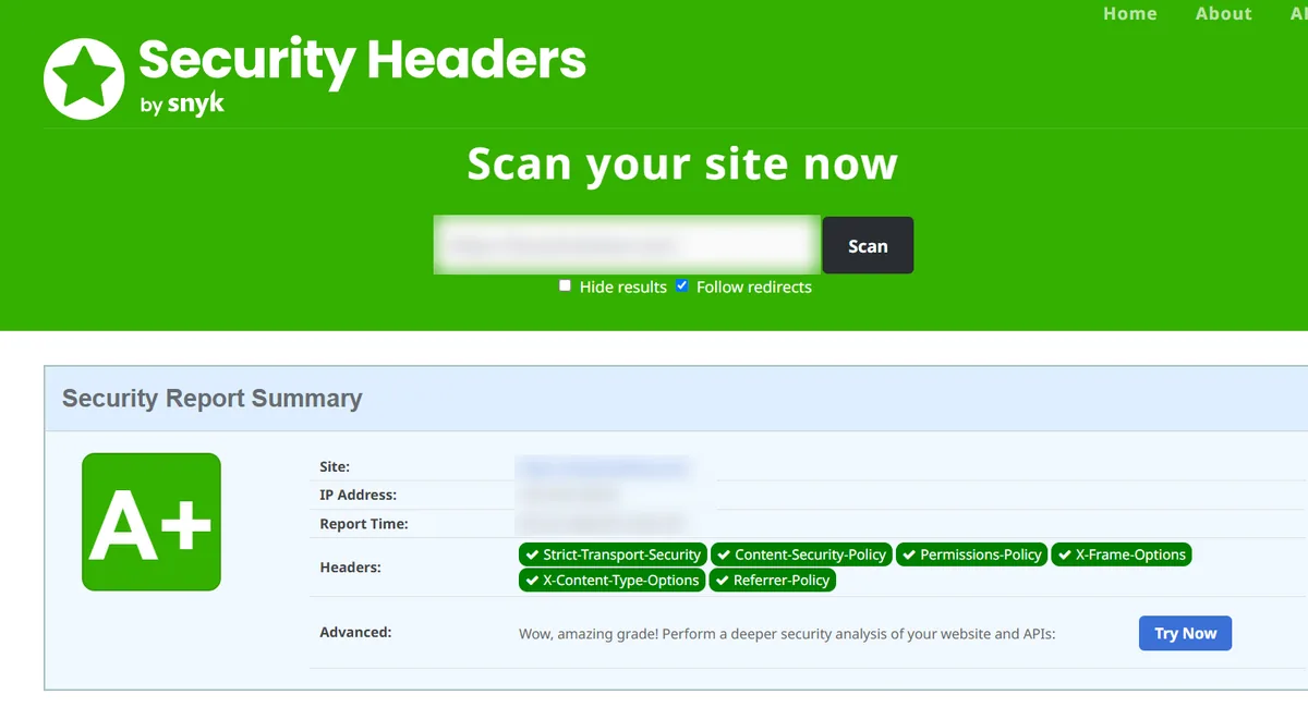 Security Headers report showing an A+ grade with all six security headers in place after hardening