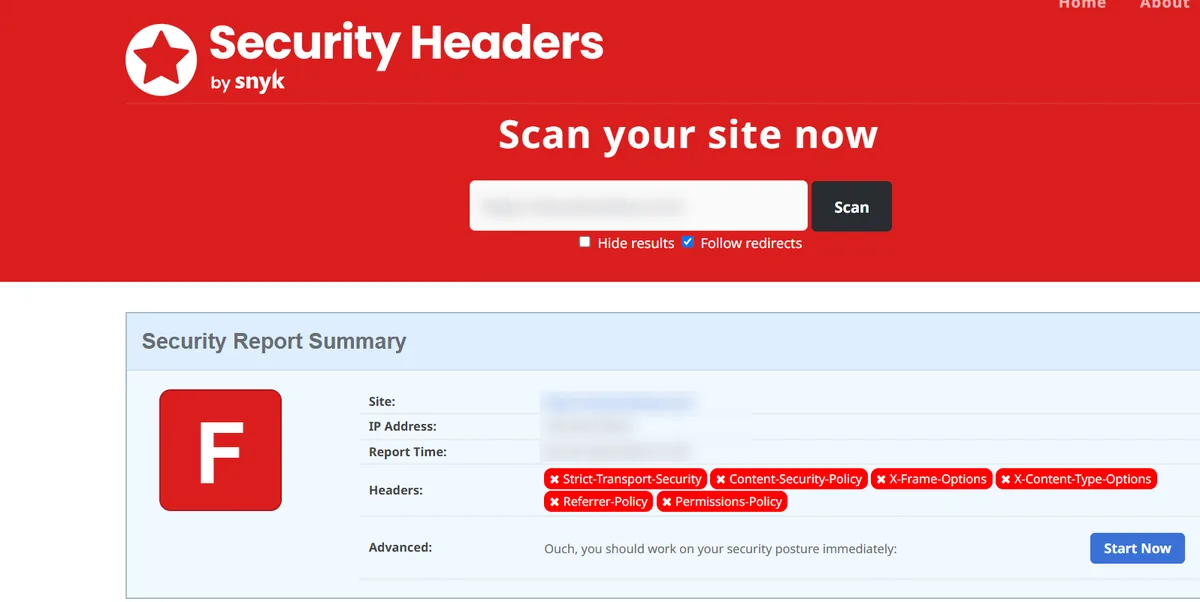 Security Headers report showing an F grade with all six security headers missing before hardening