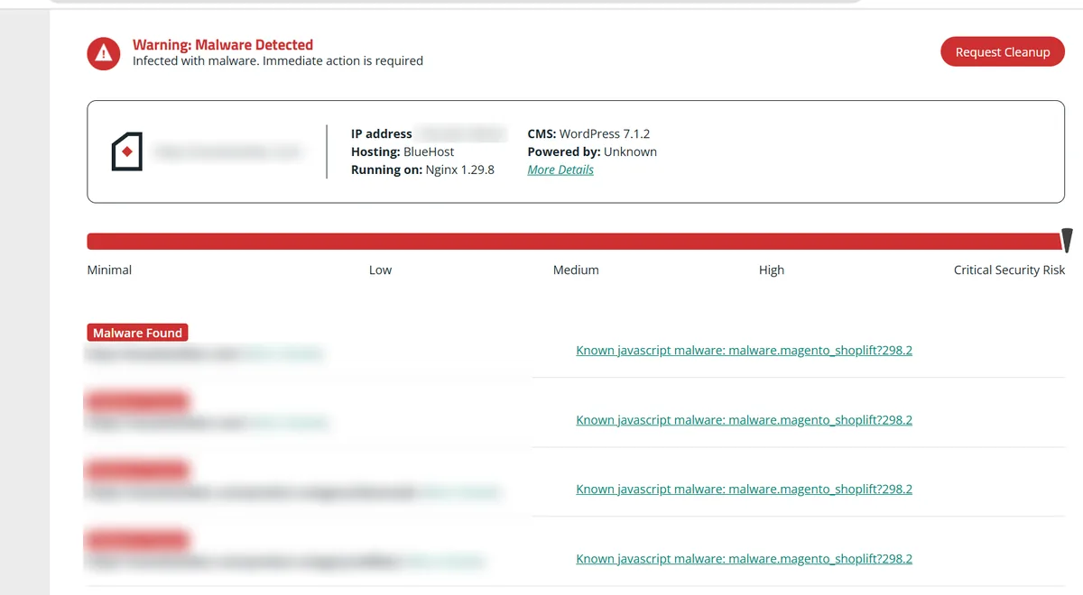 Sucuri SiteCheck showing Malware Detected and Critical Security Risk with known JavaScript shoplift malware on a WooCommerce store