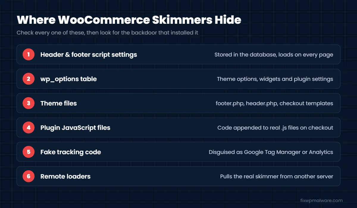 Where WooCommerce card skimmers hide: script settings, database, theme files, plugin JavaScript, fake tracking code and remote loaders