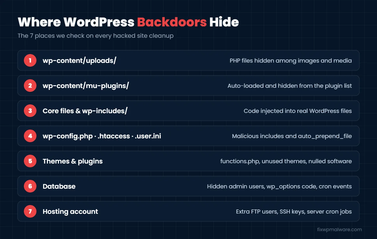 Where WordPress backdoors hide: uploads, mu-plugins, core files, config files, themes, database and hosting account