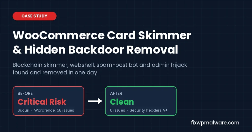 WooCommerce card skimmer and hidden backdoor removal case study: critical risk to clean in one day