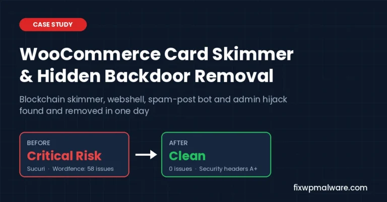 WooCommerce card skimmer and hidden backdoor removal case study: critical risk to clean in one day