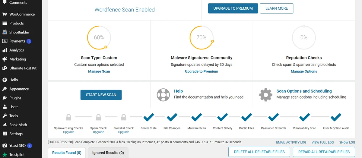 Wordfence scan complete with zero results found after the WooCommerce malware cleanup