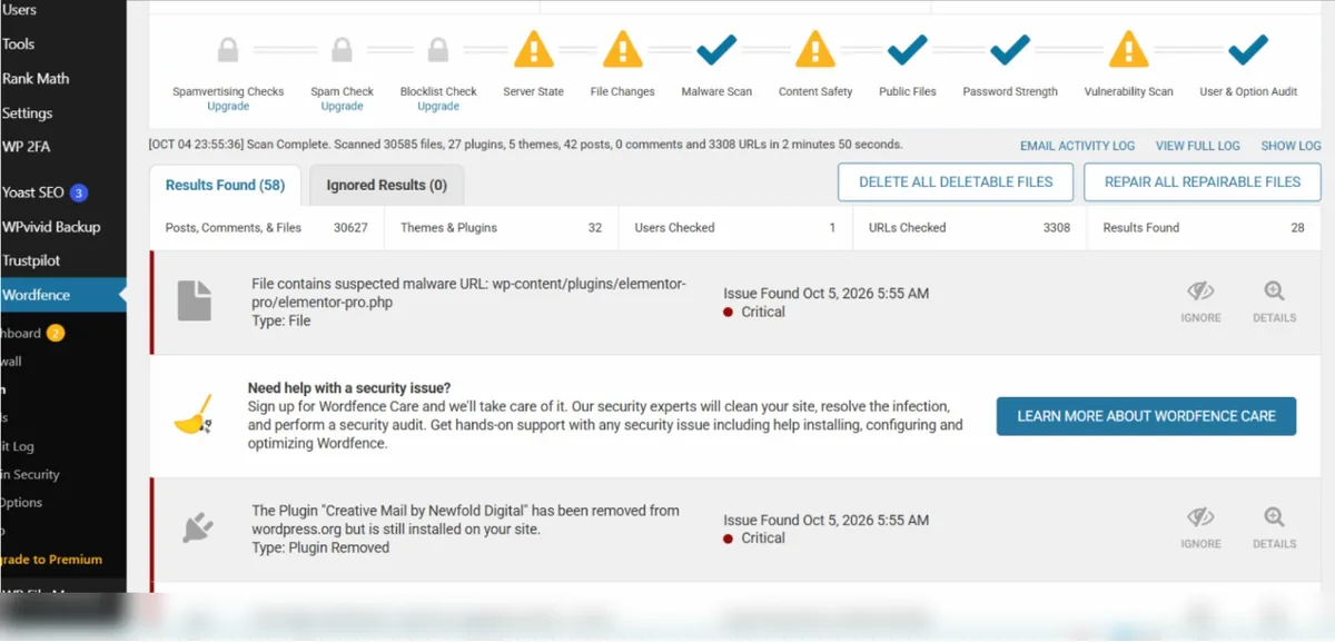 Wordfence scan results showing 58 issues found on the infected WooCommerce site before cleanup